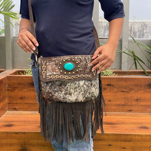 Bolso de Cuero Vacuno Genuino para Mujer, Estilo Occidental, con Flecos, Pedrería, Hecho a Mano, de Gamuza con Pelo, Bolso Bandolera de Cuero - Product Image 4