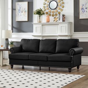 Divano Moderno Classico in Pelle Nera da 83 Pollici, Imitazione Pelle Bovina con Borchie, Imbottito per Soggiorno - Product Image 2
