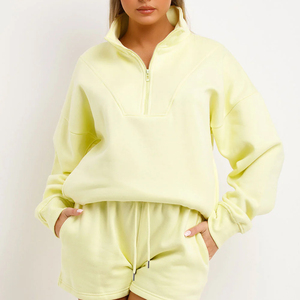 Women Solid Color Half-<b>Zip</b> Sweatshirt Set Loose Fit Full Sleeve Drawstring <b>Pocket</b> Cotton Tracksuit <b>Shorts</b> Spring Wear - Product Image 4