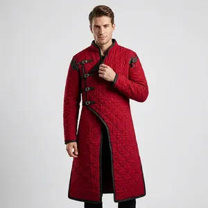 Men's <b>Red</b> Quilted Long Coat Mandarin Collar <b>Belt</b> Closure Windproof Vintage Style Winter Jacket Thick Polyester for Halloween - Product Image 1