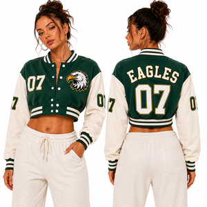 Chaqueta Varsity Corta para Mujer Purple Cream Warriors, Estilo Letterman Y2K, Chaqueta de Béisbol con Parches, Proveedor de Bordado Personalizado, OEM al por Mayor - Product Image 5