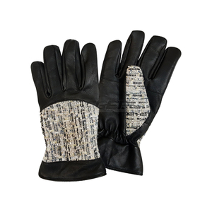 Gants en cuir pour femmes, en peau de mouton noire, en tweed bouclé, à doigts entiers, doublure douce, gants d'hiver de luxe à la mode pour femmes - Product Image 1