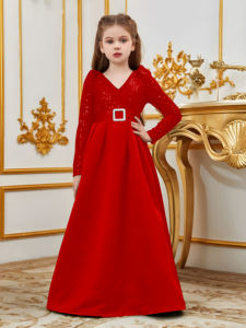 Robe rouge personnalisée pour fille d'honneur, en velours, avec broderie de fleurs à paillettes, manches longues, col en V, robes de princesse pour enfants, vêtements formels de luxe pour enfants - Product Image 4