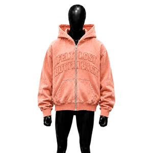 Chaqueta con capucha extragrande Peach Washed con letras bordadas, cremallera completa, estilo retro coral grunge desgastado, estilo urbano casual - Product Image 1