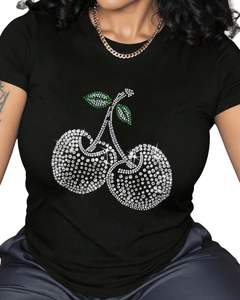 Camiseta Personalizada Negra para Mujer con Pedrería de Cereza, Manga Corta, Informal, de Verano, Mezcla de Algodón, con Estampado Gráfico, OEM, Top de Moda para Dama - Product Image 1