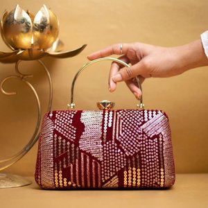 Red <b>Sequins</b> Multi Pattern Embroidery Party Clutch Elegant Evening <b>Handbag</b> for Women Wedding and Festive Use - Product Image 1
