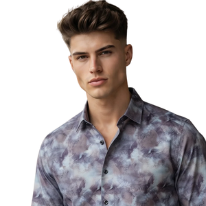 เสื้อเชิ้ตแขนยาวพิมพ์ลายสีเทา-ม่วงสำหรับผู้ชาย ทรงเข้ารูปทันสมัย สไตล์ลำลอง ปกเสื้อเชิ้ต เหมาะสำหรับใส่ในชีวิตประจำวัน - Product Image 3