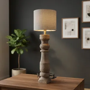 Lámpara de Mesa Vintage de Madera con Base de Madera Rústica Hecha a Mano y Pantalla de Lino para Decoración de Casa de Campo - Product Image 5