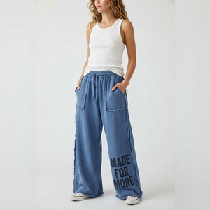 Pantalones anchos de mujer con dobladillo desgastado, cintura alta, ajuste holgado, largo completo, con cordón en la cintura, estampado, estilo urbano para mujer - Product Image 4