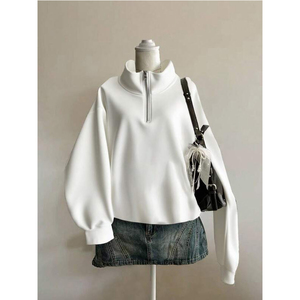 Sweat-shirt blanc en coton polaire pour femme quart de fermeture éclair pull doux respirant Anti-rides OEM Streetwear automne lavage à l'acide avant - Product Image 1