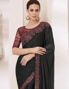 Sari de satén de seda adornado, sin arrugas, reversible, estilo Bollywood, para fiestas. - Product Image 3