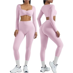 Ensemble de vêtements de sport extensibles pour femme, haut court à manches longues et leggings, léger, pour la course à pied et la gym - Product Image 1