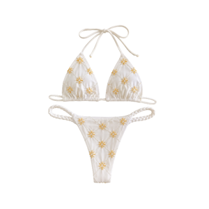 Ensemble de bikini perlé d'été pour femme avec décolleté halter, maillot de bain micro triangle uni et string, ensemble 2 pièces pour femme - Product Image 3