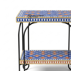 Taburete con Incrustaciones de Hueso Azul Rey y Estructura Metálica – Taburete Otomano de Lujo Hecho a Mano - Product Image 3