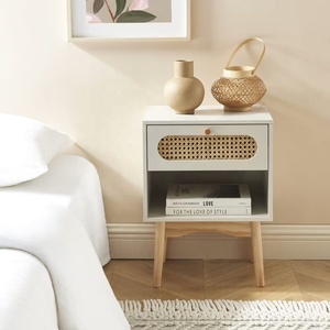 Wood and rattan Bedside Table With Drawer And Open Shelf Scandinavian Style Nightstand For Modern Minimal Bedroom Decor - Product Image 1