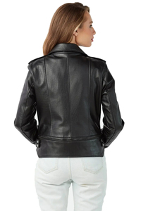 Chaqueta de cuero genuino para mujer, estilo motociclista, manga larga, cierre de cremallera, cuello extendido, para otoño, estilo urbano. - Product Image 4