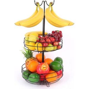 Grand panier à fruits en fer forgé fait main avec supports incurvés, finition antique et fonctionnalité rustique à deux niveaux pour la salle à manger - Product Image 4