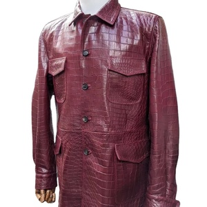 Chaqueta de Cocodrilo Roja Cereza, Estilo Safari, Chaqueta de Cuero de Cocodrilo Real, Cuatro Bolsillos con Solapa, Forro de Seda, para Hombre y Mujer - Product Image 1