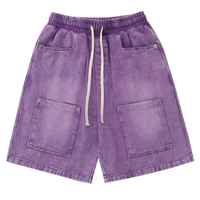 Shorts en coton vintage délavé pour homme, coupe brute, effet délavé à l'acide, style streetwear, avec cordon de serrage épais et patch appliqué