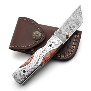 Couteau pliant en acier Damas avec gravure sur le dos, manche en résine orange, couteau de poche pour la chasse et le camping, fabricant - Product Image 6