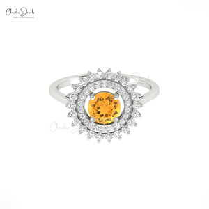 Hallmarked 14k Solid <b>Gold</b> Natural 6mm Round Cut Citrine & Diamond Double Halo <b>Ring</b> Wholesale Wedding Jewelry Supplier from India - Product Image 2