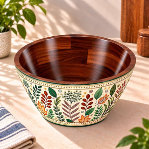 Cuenco de madera pintado a mano con diseño floral en rojo granate y azul verdoso a bajo precio - Product Image 5