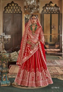 Conjunto de Lehenga Rojo para Novia, Tejido y Bordado, Poliéster/Algodón, Blusa con Cuello en V y Lehenga, Traje de Boda - Product Image 3