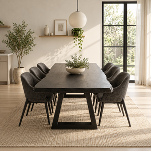 Table à manger contemporaine en bois massif avec bord naturel et chaises rembourrées pour un espace à manger moderne - Product Image 1