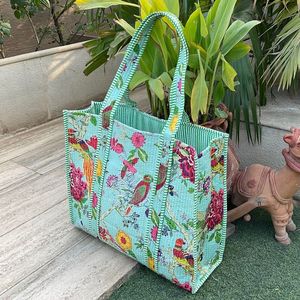 Trending Indian Kantha Quilted Cotton Tote <b>Bag</b> Botanical Bird Floral Block Print Beach Market Shopping Shoulder Carry <b>Bags</b> - Product Image 1