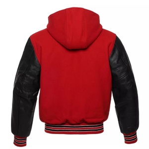 Red Wool <b>Leather</b> Sleeves Varsity Letterman Bomber <b>Jacket</b> Front Logo Stand Collar High Street Style <b>Winter</b> - Product Image 2