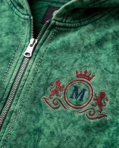 Men's Green Hooded Sweatshirt Embroidered Rhinestone M Logo Back Casual Regular Fit Autumn Cotton French Terry <b>Zip</b> <b>Up</b> <b>Jacket</b> - Product Image 5
