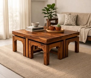 Table basse en bois massif artisanale |   Table basse en bois gain de place avec 4 tabourets |   Ensemble de table basse 5 pièces - Product Image 1