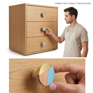 Bouton de meuble rond moderne en bois avec incrustation en laiton bleu et bois pour poignée de tiroir, usage domestique et bureau - Product Image 2