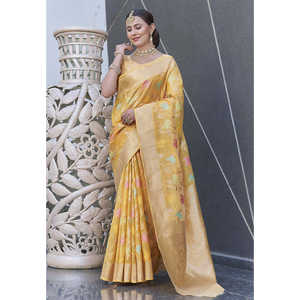 Sari jaune tissé Zari Elite Weaves avec organza, robes de soirée élégantes - Product Image 1