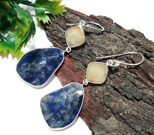 Yellow Sapphire Blue Jade Bohemian Style Solid 925 Sterling <b>Silver</b> Handmade Natural Gemstone <b>Dangle</b> Drop <b>Earrings</b> Certified - Product Image 5