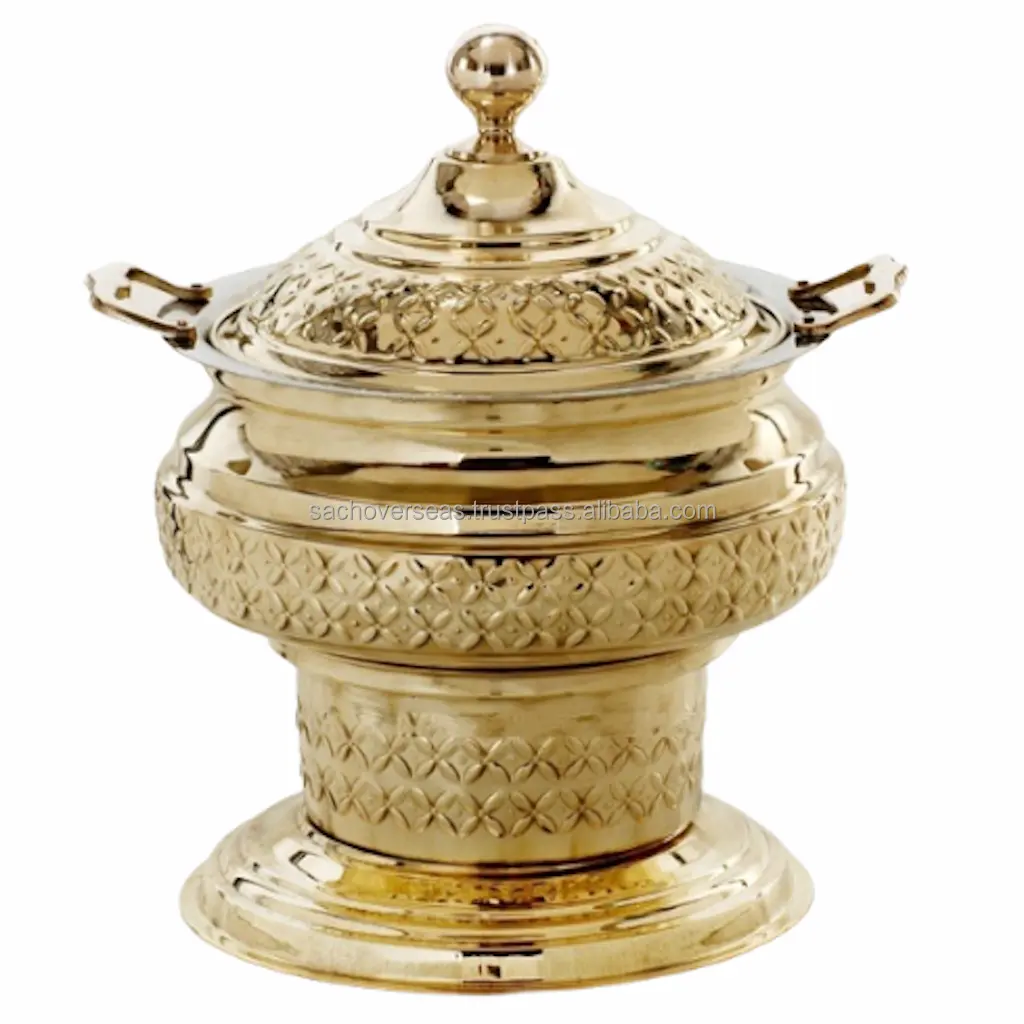 Designer Golden Finish Embossed Restaurant Ware Brass Indian Chafing Dish For Buffet Food Display in Weddings and Hotels