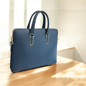 Maletín Unisex de Cuero Genuino Azul Marino, Clásico, Casual, Lujoso, con Cierre de Cremallera Dorada, Hecho a Mano, Impermeable, Ligero y Portátil - Product Image 6