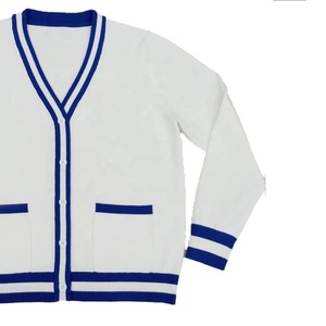 University Sorority Women wholesale Knitted <b>Cardigan</b> Sweater <b>White</b> Blue Varsity V-Neck OEM Striped Trim Preppy Style sweater - Product Image 4