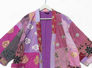 Robe kimono Kantha patchwork violette 100% coton brodée, vêtement de détente, peignoir ceinturé, tenue décontractée - Product Image 3
