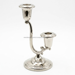 Premium 2-Cup Asymmetric <b>Silver</b> <b>Candlestick</b> • Polished Nickel Staggered Taper Stand - Product Image 2