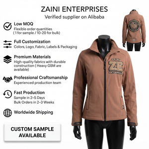 Chaqueta Softshell para Mujer, 320 GSM, Tela Premium de Poliéster y Spandex, Color Marrón, Logotipo Bordado Personalizado en Chenilla, OEM ODM - Product Image 1
