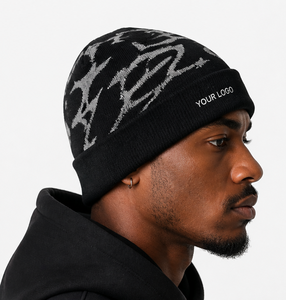 Custom Logo Jacquard Knit Beanie Hat Winter Warm Cuffed Skull <b>Cap</b> Unisex Black Knit Beanies For <b>Men</b> Women - Product Image 2