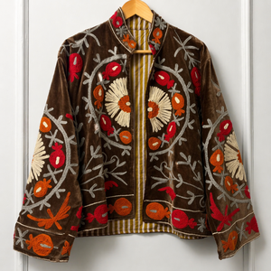 Elegante Chaqueta Bomber Sujani para Mujer, Reversible, Acolchada, Transpirable, Ecológica, de Terciopelo de Algodón Bordado Marrón, Tejido de Punto - Product Image 1