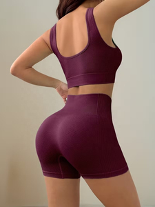 Women's Gym Fitness 2-Piece <b>Set</b> Solid Pattern Strapless Top High Waist Shorts Ribbed Polyester/Cotton Seamless Activewear - Product Image 5