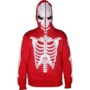 Sweat-shirt à capuche zippé pour homme rouge avec imprimé squelette blanc, coupe décontractée, idéal pour l'automne - Product Image 1