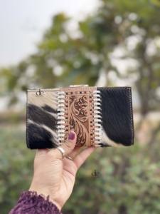 Hand Tooled Carving Cards Wallet Clutch <b>Phone</b> Case Stylish Cowhide Fur Leather Wallet Multi Uses Western Leather Wallets - Product Image 3