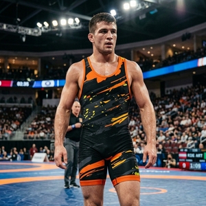 Singlet de Lucha Libre para Hombre, Sin Mangas, Ajuste Ceñido, Sublimado, Estampado Negro, Naranja y Verde, Cuello Redondo, Spandex, Ropa Deportiva de Alta Calidad - Product Image 2