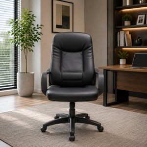 Chaise de bureau ergonomique moderne en cuir PU, accoudoirs fixes, base en aluminium, pivotante, hauteur réglable, pour bureau à domicile ou professionnel - Product Image 1