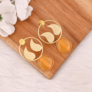 Elegant Yellow <b>Cat's</b> Eye Gemstone <b>Earrings</b> Designer Brass Fashion Jewelry for Women - Product Image 3