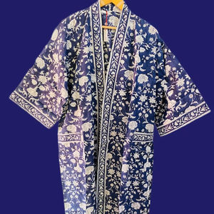 Floral Indigo Cotton <b>Kimono</b> Robe Stripe Belt <b>Women</b> Bulk Spa Hotel Resort Bridesmaid Robes - Product Image 1